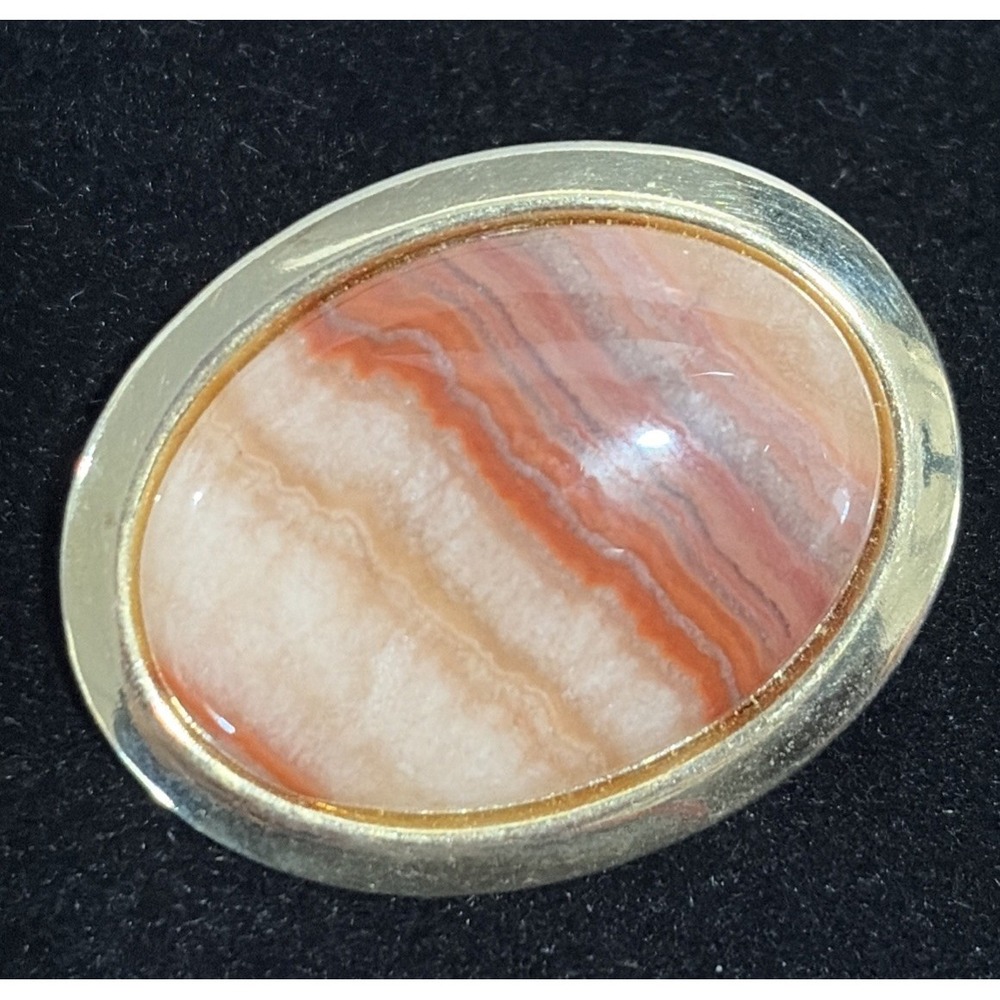 Sunset Banded Agate Oval Bezel MCM Pin Gold Tone Setting Scottish Victorian Vibe